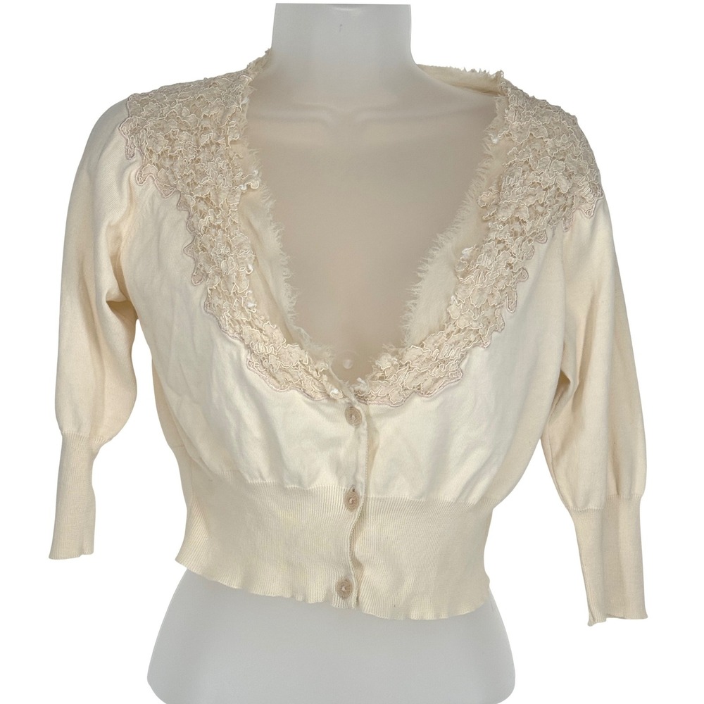 Moth Anthropologie Cream Lace Trim Crop Cardigan Sweater Medium Coquette Dainty